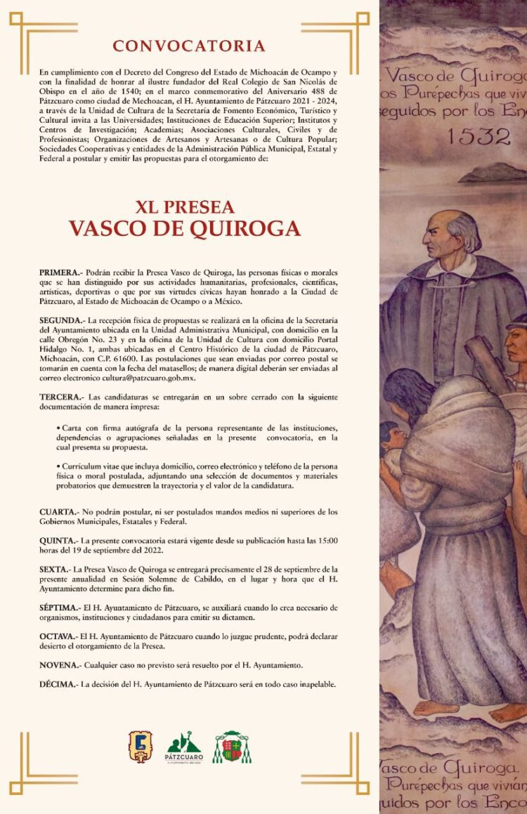 Lanza el Ayuntamiento de Pátzcuaro la convocatoria a presea Vasco de Quiroga