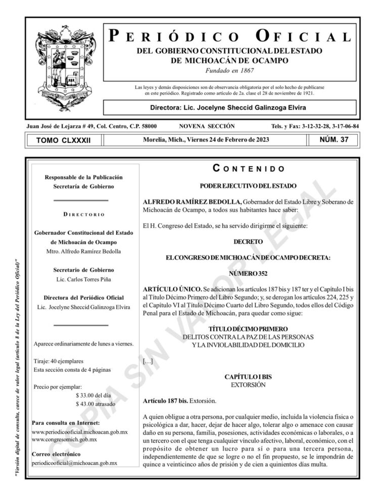 Entra reforma de Bedolla para extorsión; hasta 25 años de prisión a delincuentes