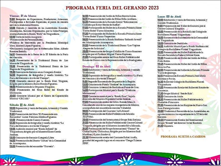 Programación de los eventos en la Feria del Geranio del 2023 en Tingambato