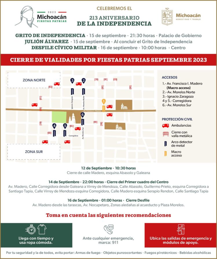 Por fiestas patrias, este martes inician cortes viales en el Centro de Morelia