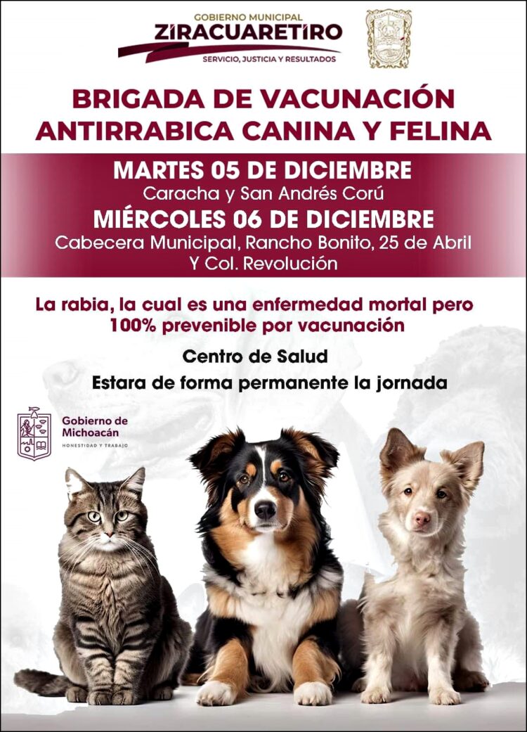 Vacunación canina y felina permanente en el Centro de Salud de Ziracuaretiro