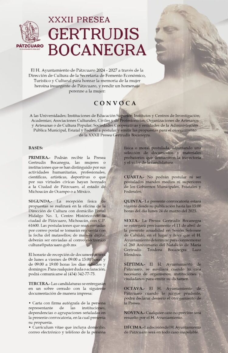 Lanza Pátzcuaro convocatoria presea Gertrudis Bocanegra