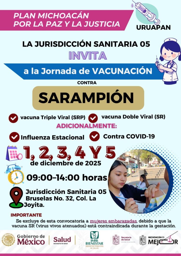 Inicia Jornada Intensiva de Vacunación contra Sarampión en Uruapan