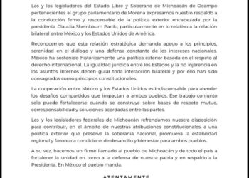 Apoyan legisladores de Morena en Michoacán a presidenta de México