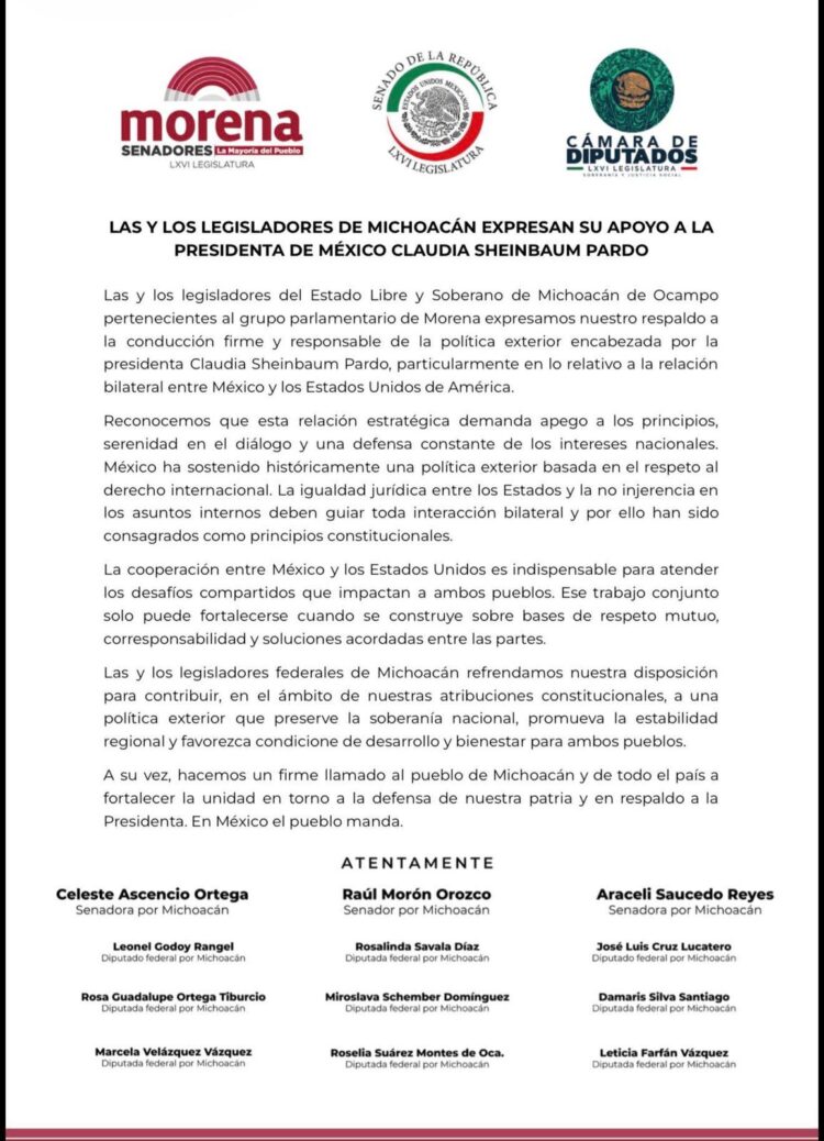 Apoyan legisladores de Morena en Michoacán a presidenta de México